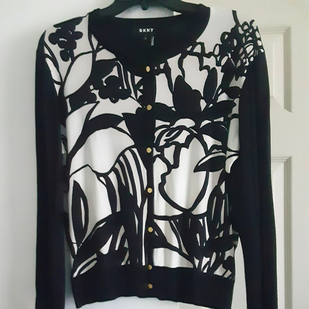 Donna Karen Button Down Long Sleeve Black & Cream Cardigan Women’s Size M